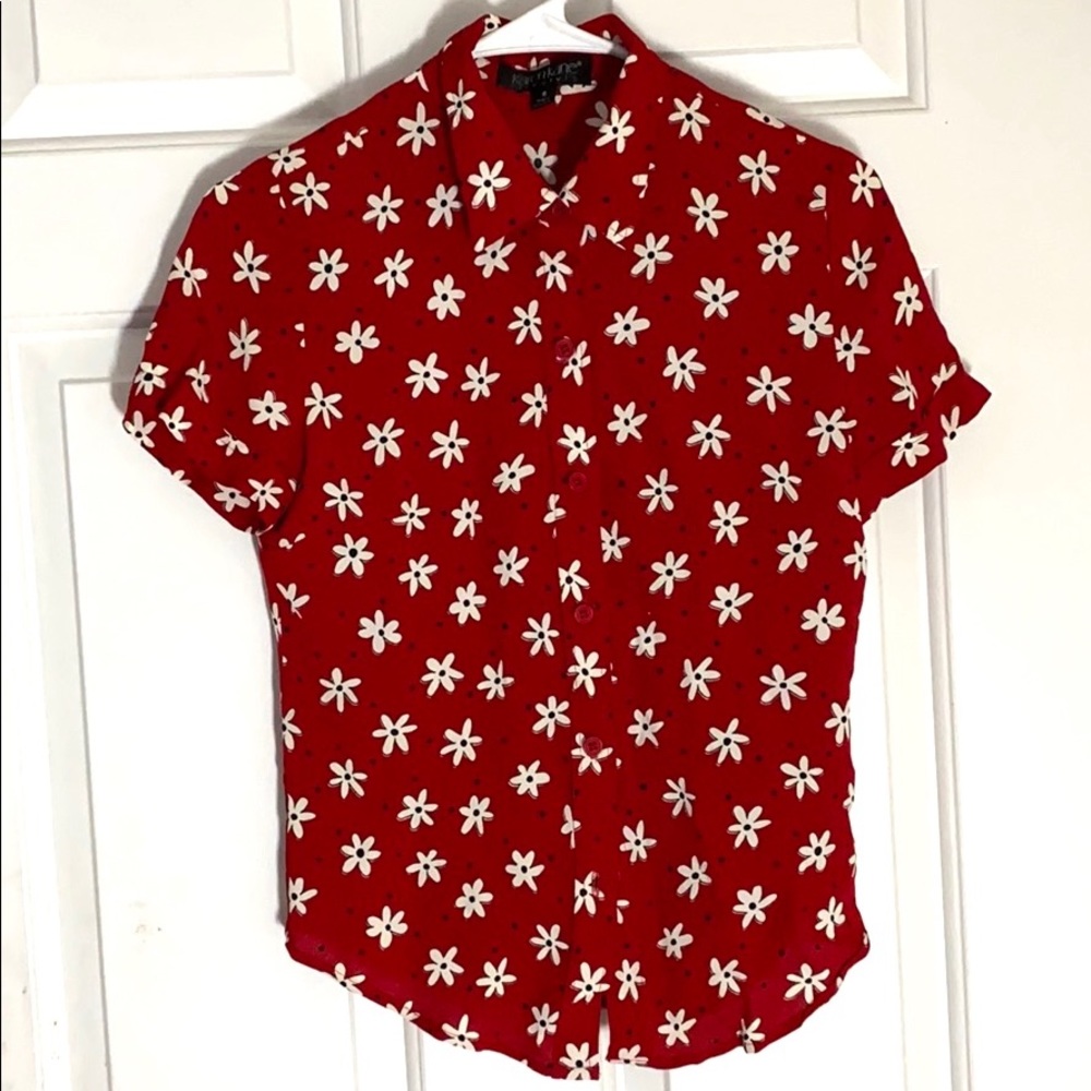 Cute Red Floral Button Down Top